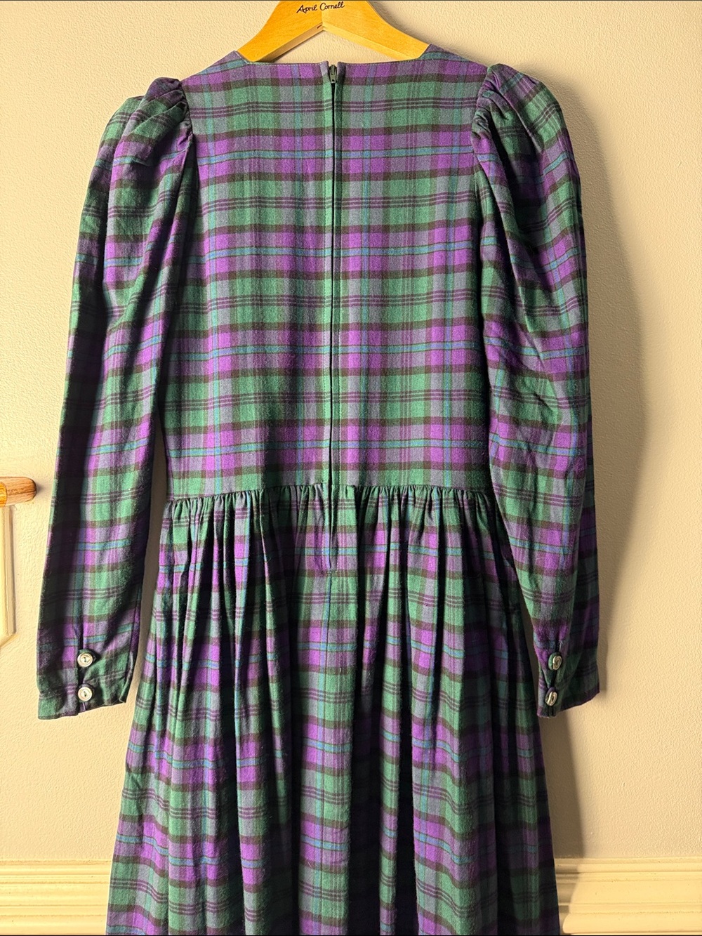 Vintage Laura Ashley Green & Purple Plaid Long-Sleeve Maxi Dress. Early 80s - Picture 8 of 10
